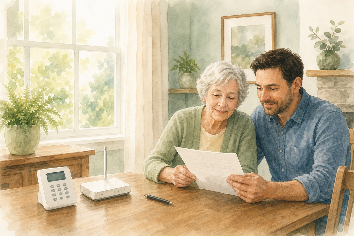 Watercolor illustration: older adult and adult child at a dining table reviewing a home security contract summary beside a keypad and Wi-Fi router.