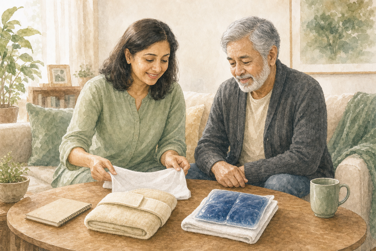Watercolor illustration: older South Asian man and adult daughter comparing a beige warm wrap and a blue gel cold pack on a living-room coffee table.