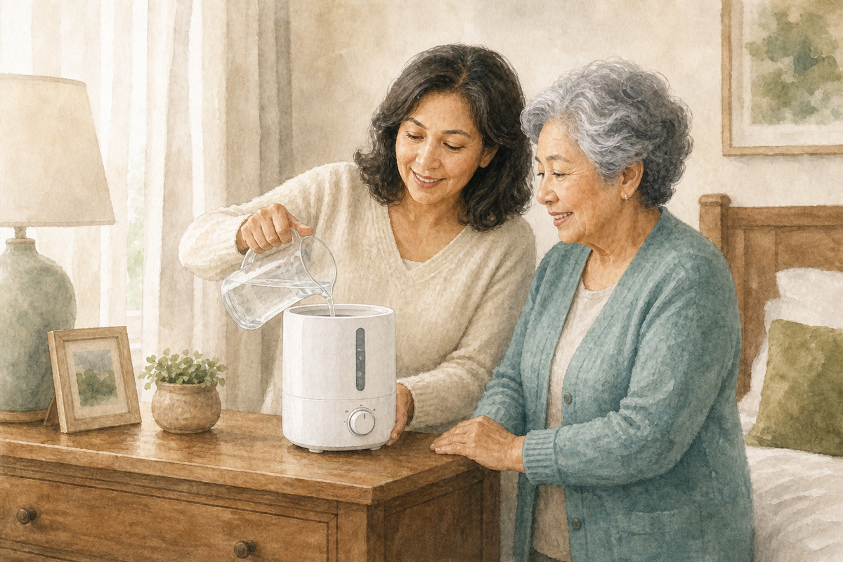 Watercolor illustration: older Latina woman and adult daughter refilling a compact white humidifier on a bedroom dresser.