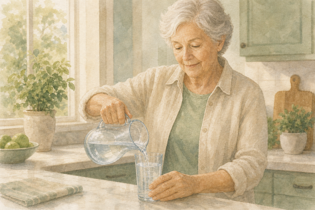 Watercolor illustration: older white woman alone pouring water into a marked glass at a kitchen counter.