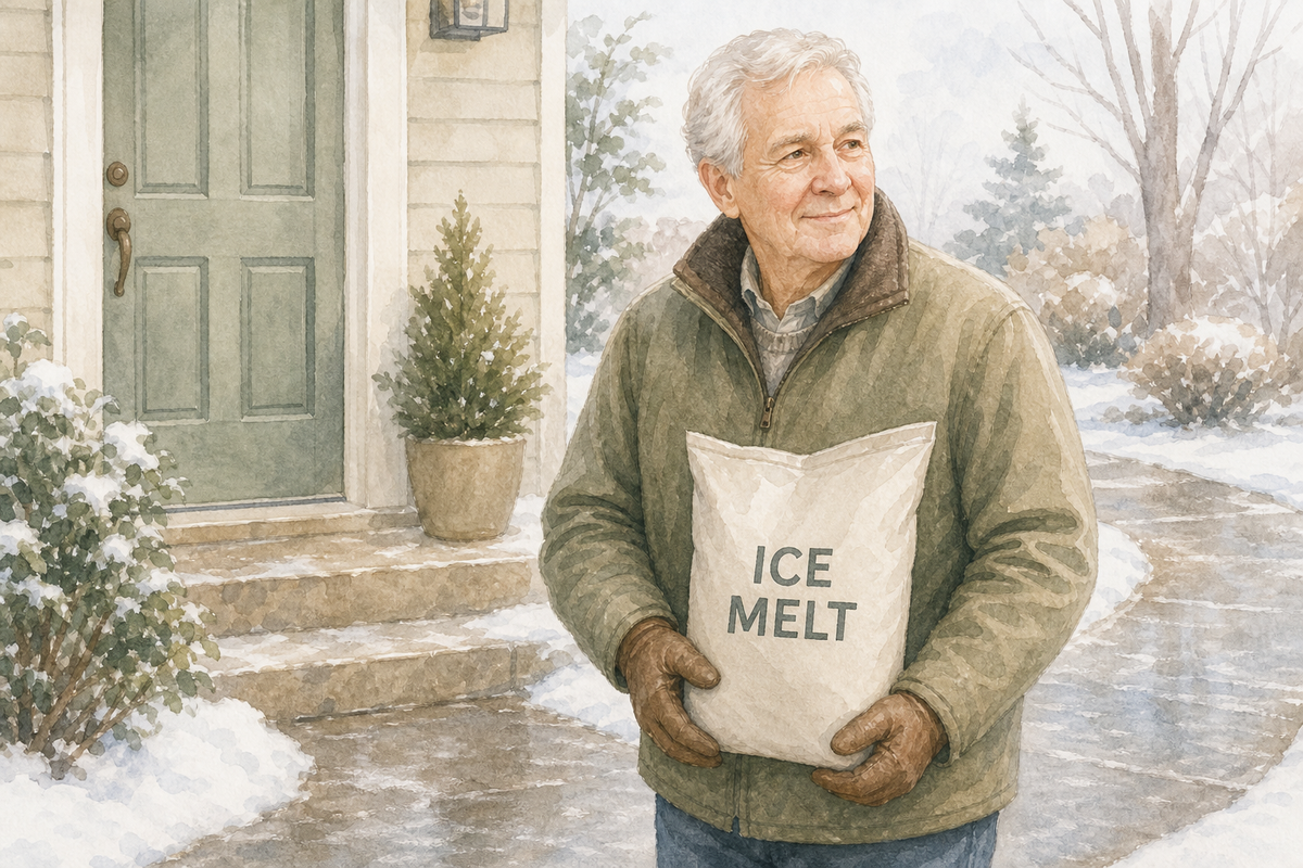 Watercolor illustration: older white man alone holding a neutral ice melt bag labeled Ice Melt beside a walkway.