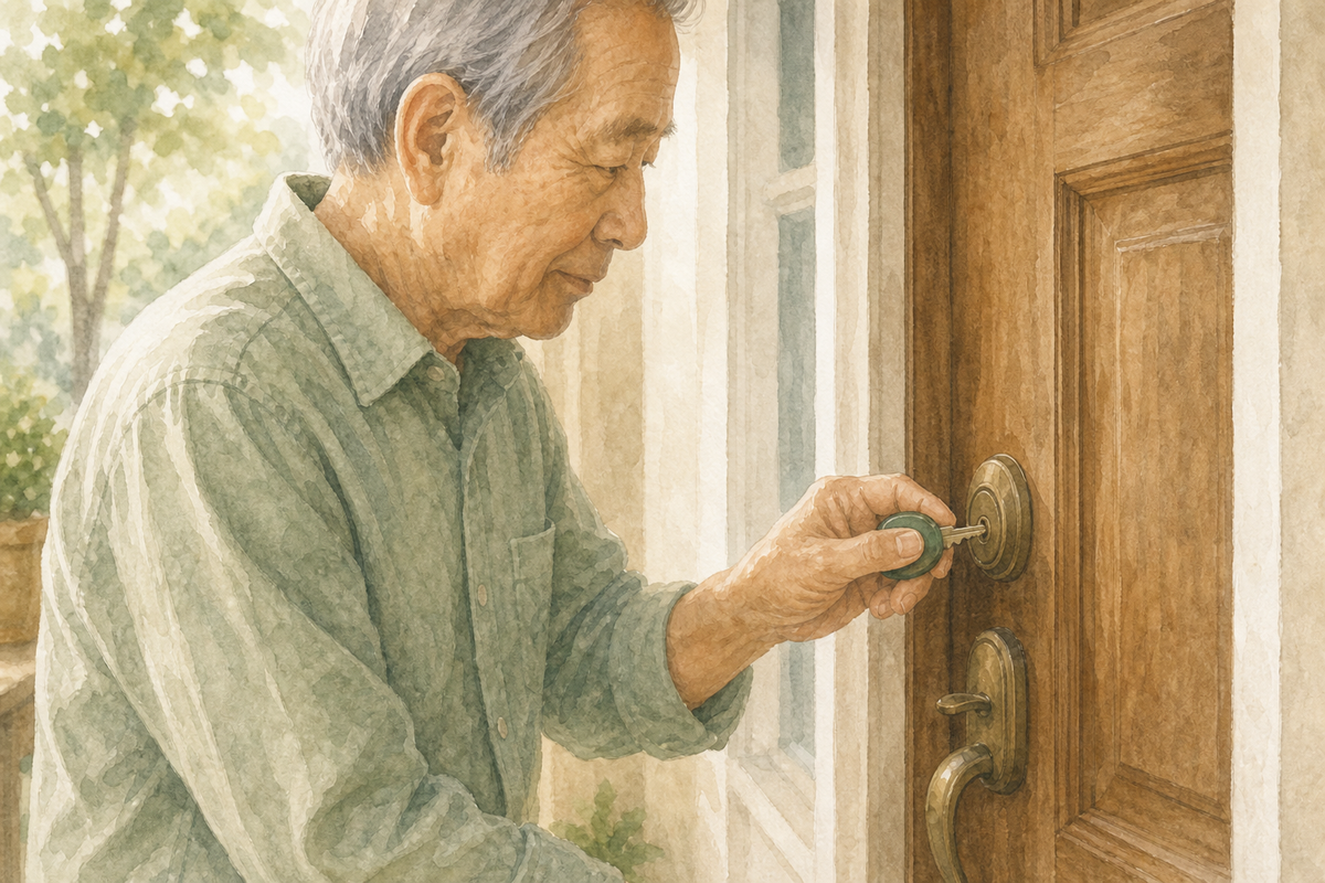 Older adult using a compact key-turner grip to unlock a front door.
