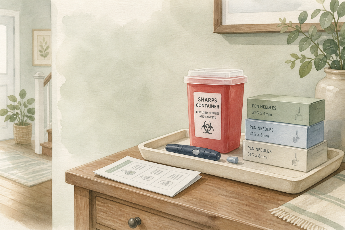 Sharps container, lancet device, and sealed needle boxes arranged on a tray with instructions visible but not readable.