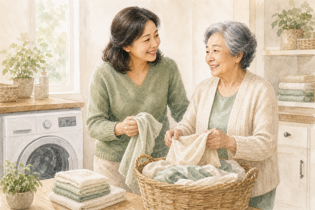 Two adults sorting laundry beside a washing machine and laundry basket.