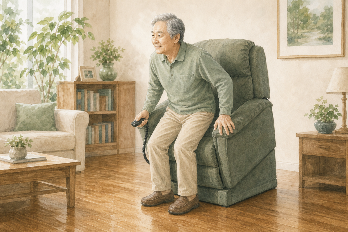 Watercolor illustration of an older man rising toward a near-standing position in a lift chair with both feet on a clear floor.