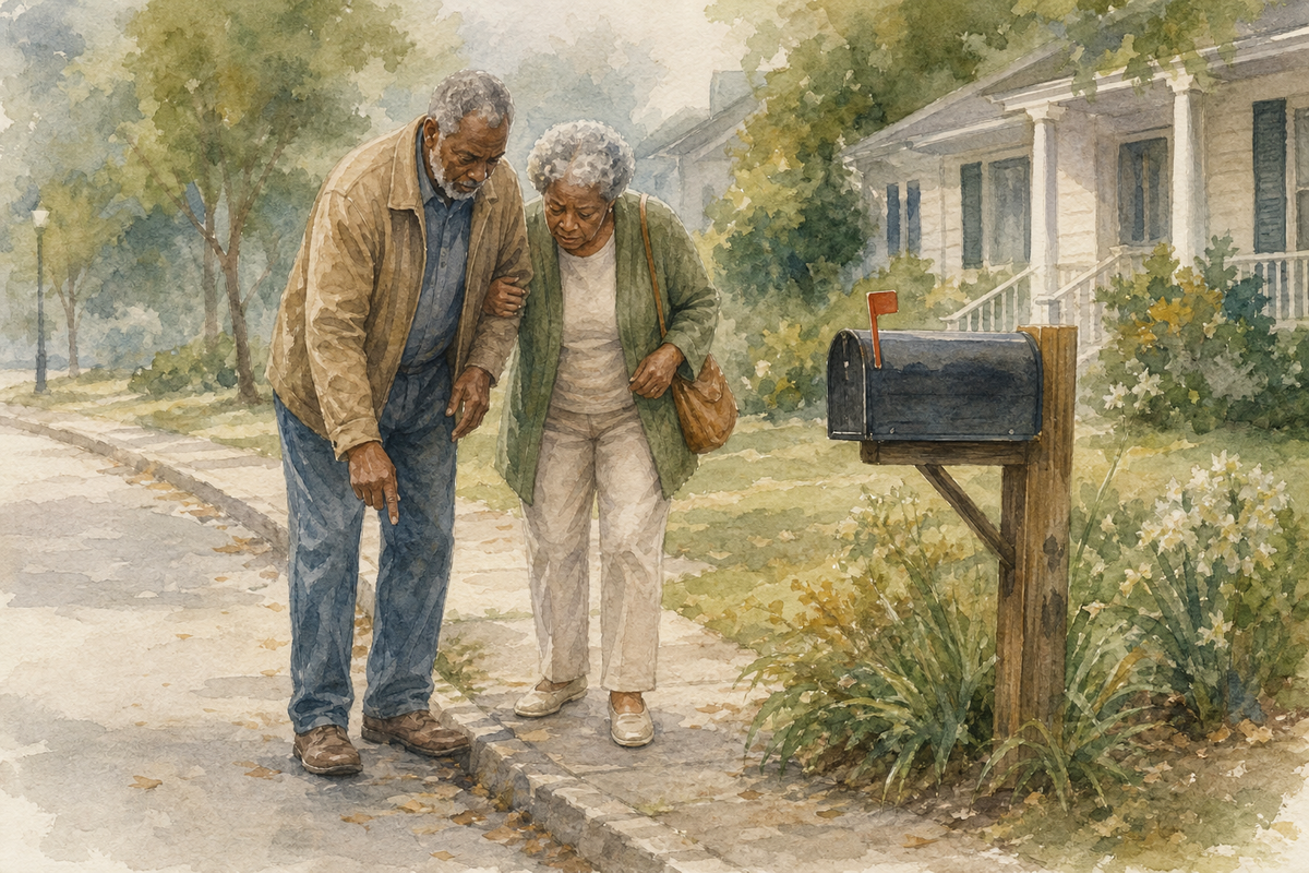 Watercolor illustration: older Black couple checking their curbside mailbox path.
