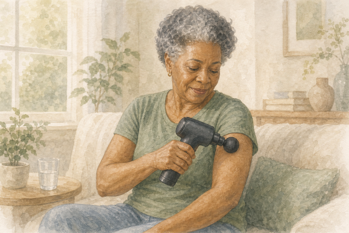 Watercolor illustration: older Black woman alone holding a massage gun on a low setting near her upper arm, seated.