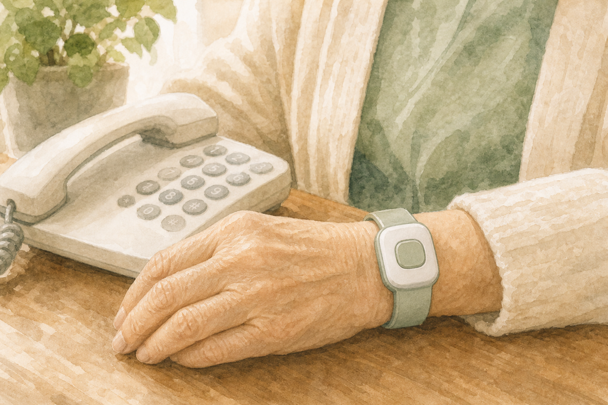 Older adult at a kitchen table reviewing a wrist help button beside a home phone.