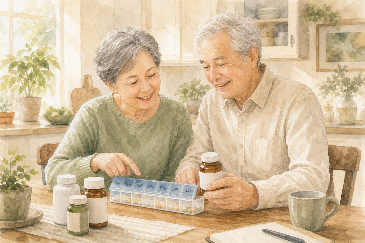 Two older adults reviewing a weekly pill organizer beside medication bottles.