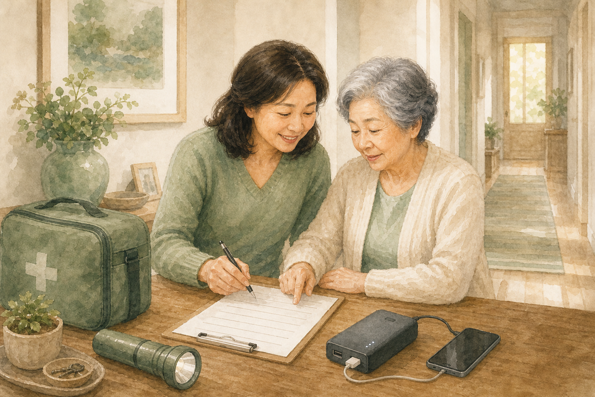 Older adult and another adult reviewing an emergency kit checklist on a console table with a flashlight and battery pack.