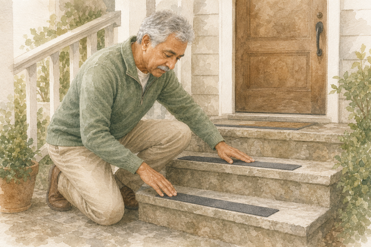 Watercolor illustration: older South Asian man alone checking non-slip treads on weathered porch steps.