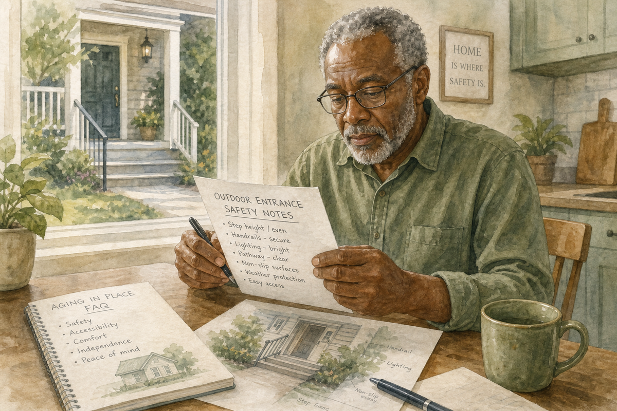 Watercolor illustration: older Black man alone reviewing outdoor entrance safety notes at a desk with a porch visible through the window.