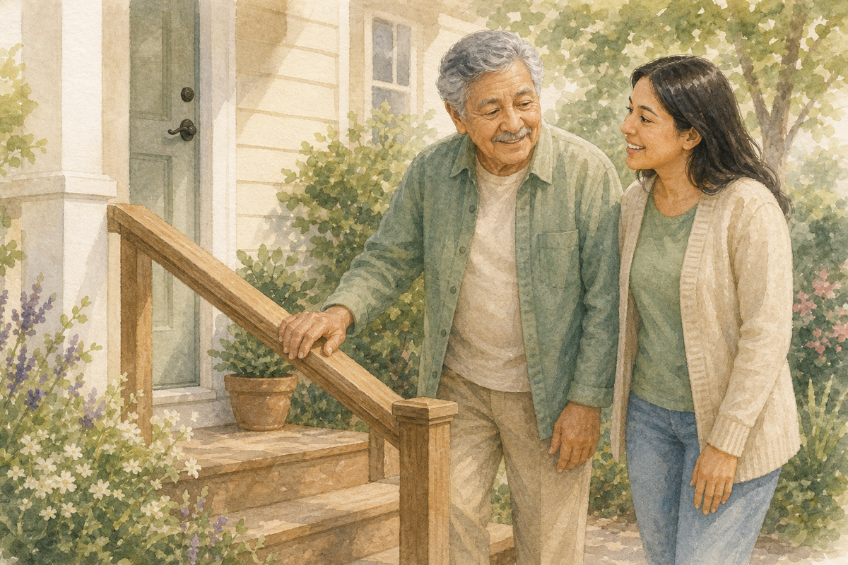 Watercolor illustration: older Latino grandfather and adult Latina granddaughter reviewing a porch handrail and porch steps at a clear front entry.