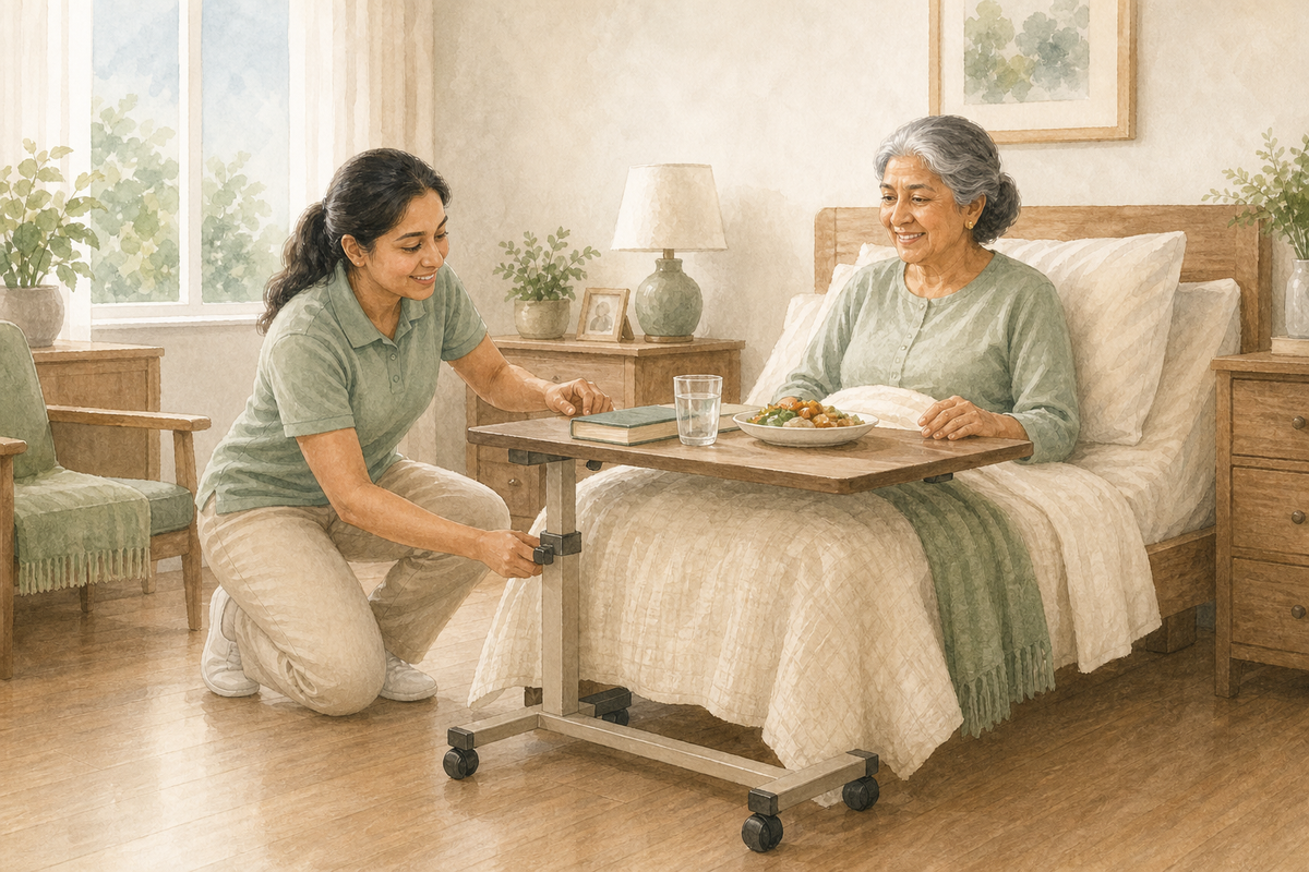 Watercolor illustration of an older woman seated in bed using an overbed table for a meal while a caregiver adjusts the height.