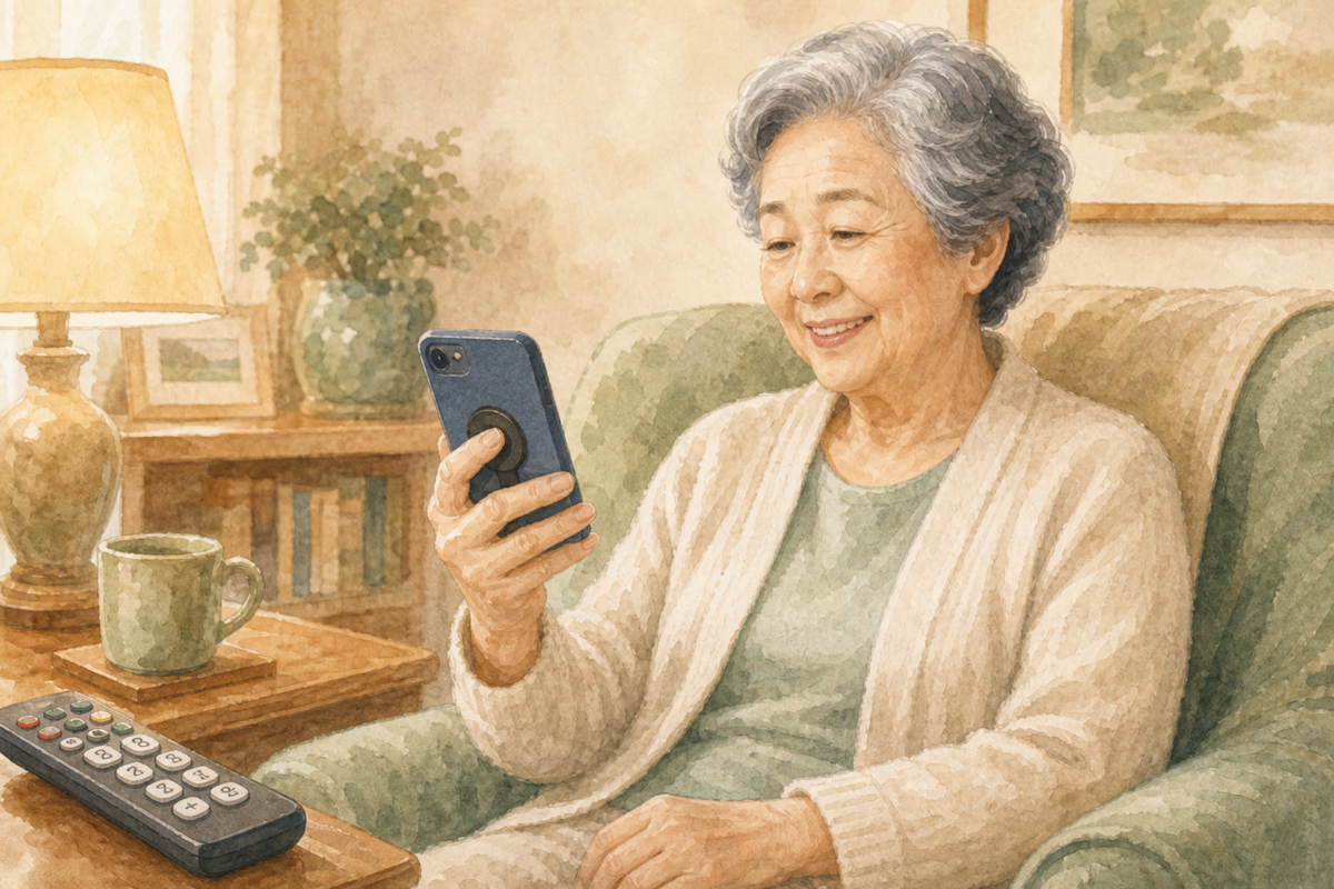Older adult seated in an armchair holding a phone with a circular grip attachment, with a remote on a side table.