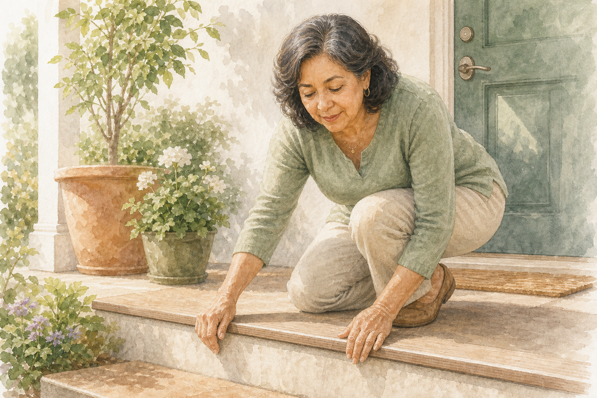 Watercolor illustration: older Latina woman alone on sunny porch steps checking tread edges.