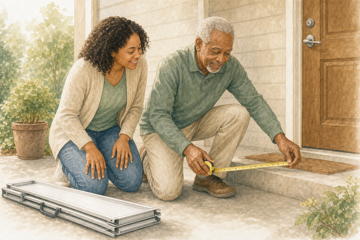 Watercolor illustration: older Black man and adult daughter measuring a short exterior rise beside a folded portable ramp.