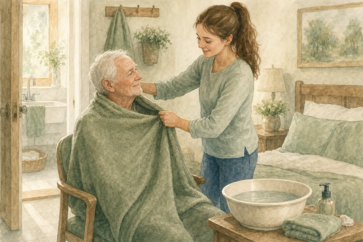 Watercolor illustration of a covered older man and a caregiver preparing a seated washing routine.