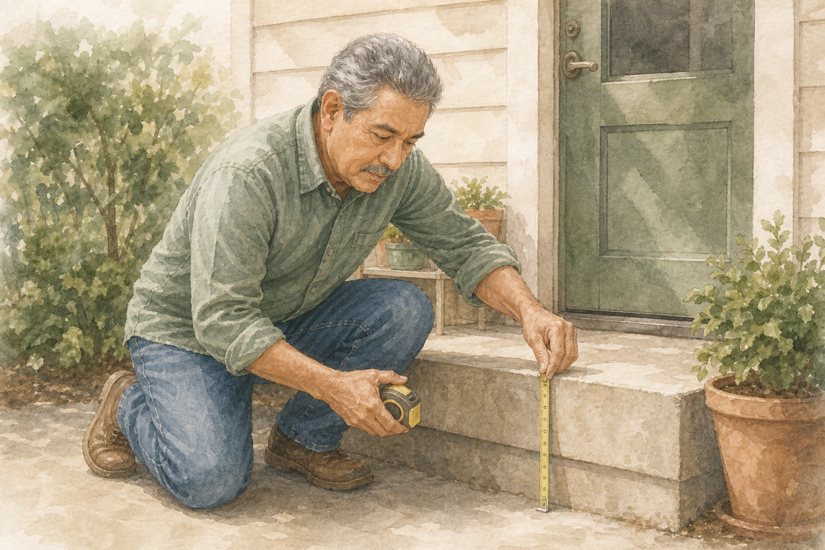 Watercolor illustration: older Latino man alone measuring a short exterior rise for a wheelchair ramp.