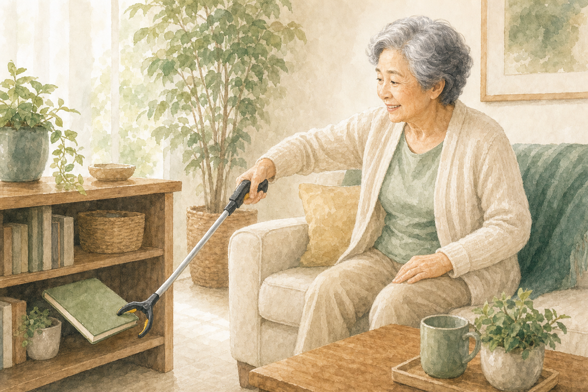 Older adult seated on a sofa using a reacher to retrieve a notebook from a low shelf.