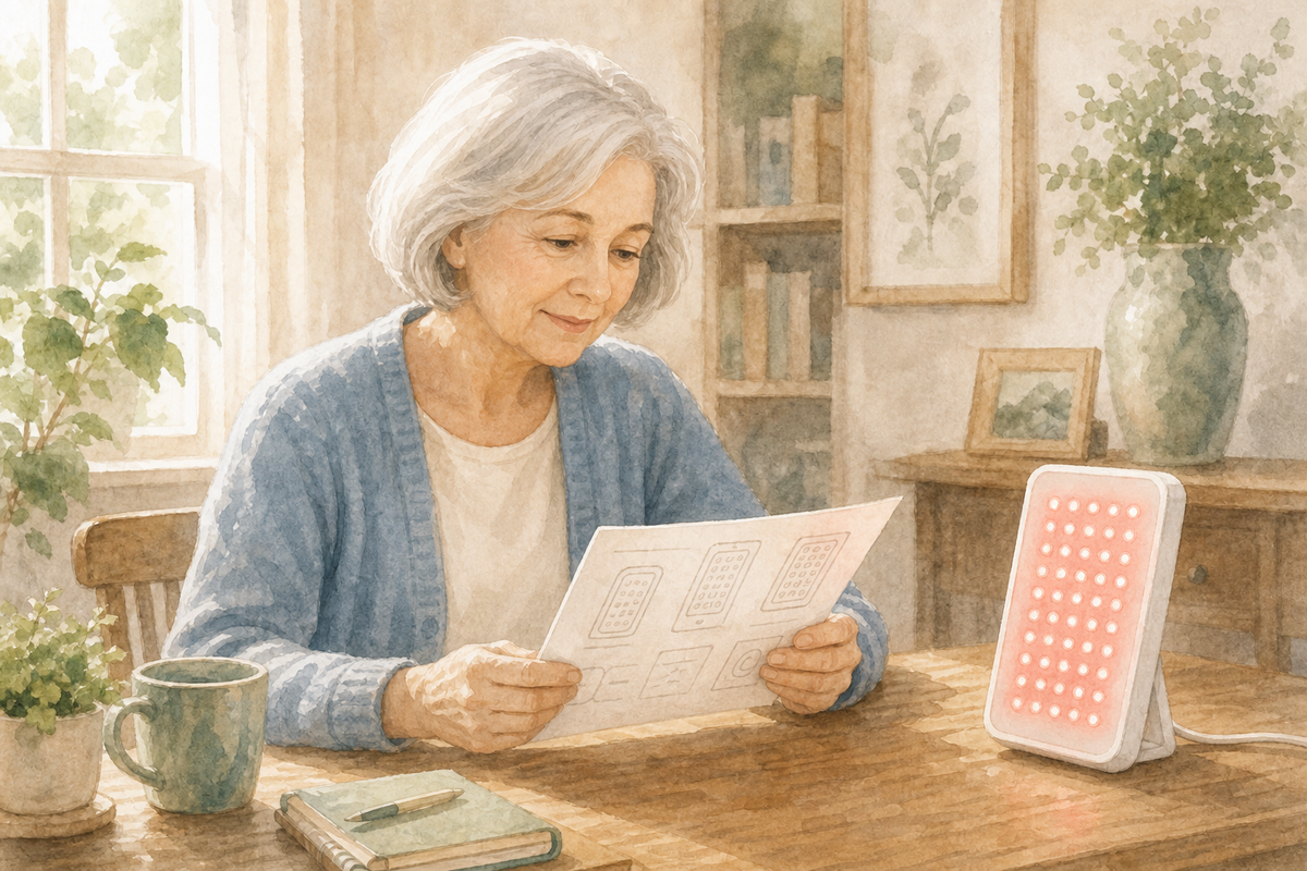 Watercolor illustration: older white woman alone reviewing a device manual beside a compact red-light panel on a sunlit desk.