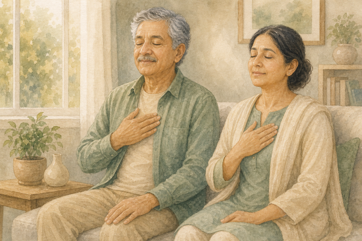 Watercolor illustration: older South Asian couple seated quietly by a window practicing slow breathing together.