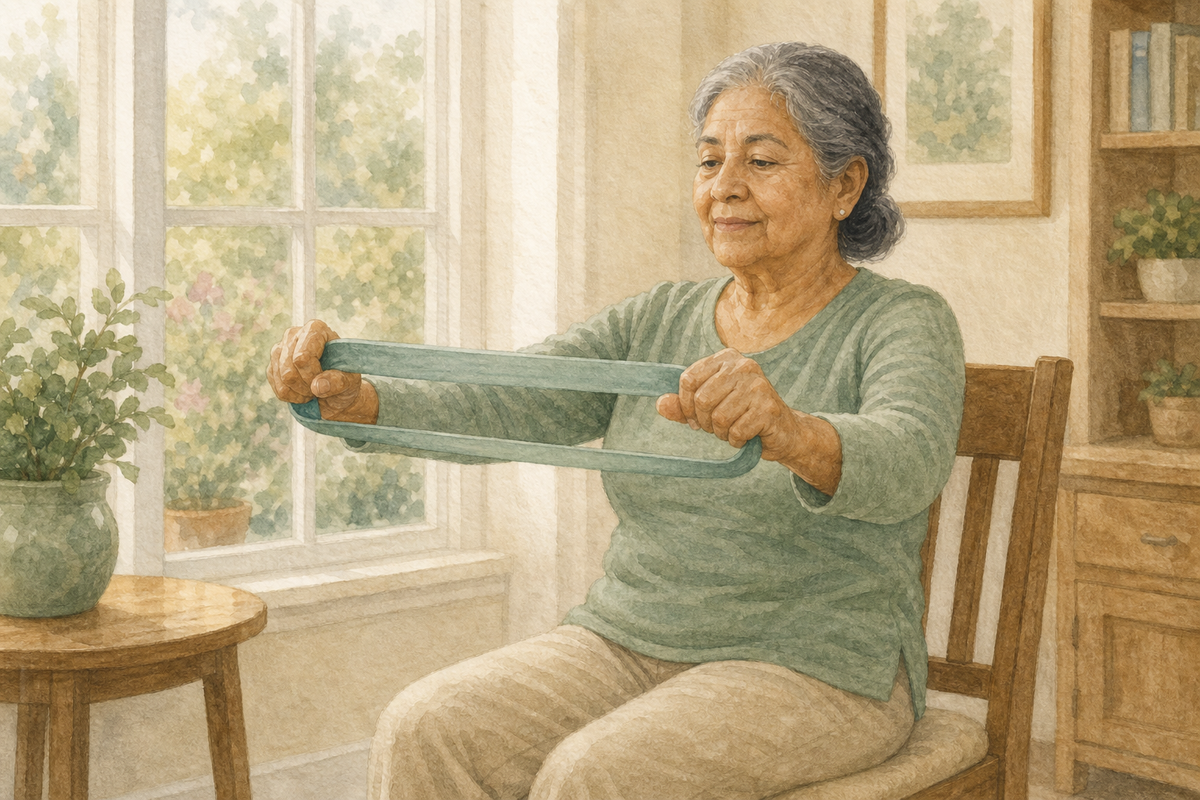 Watercolor illustration: older Latina woman seated, carefully stretching a light resistance band with calm posture.
