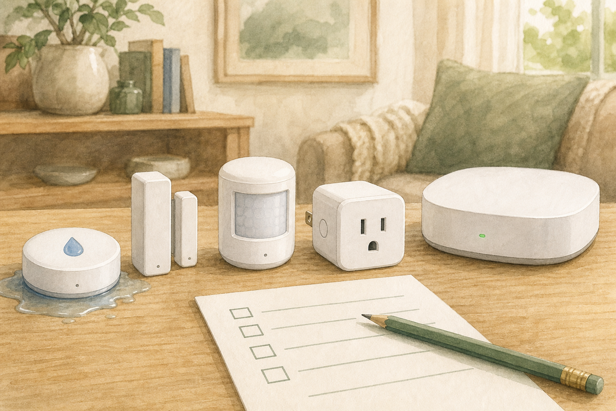 Connected household safety sensors, including a leak detector, motion sensor, contact sensor, smart plug, and home hub arranged beside a checklist.
