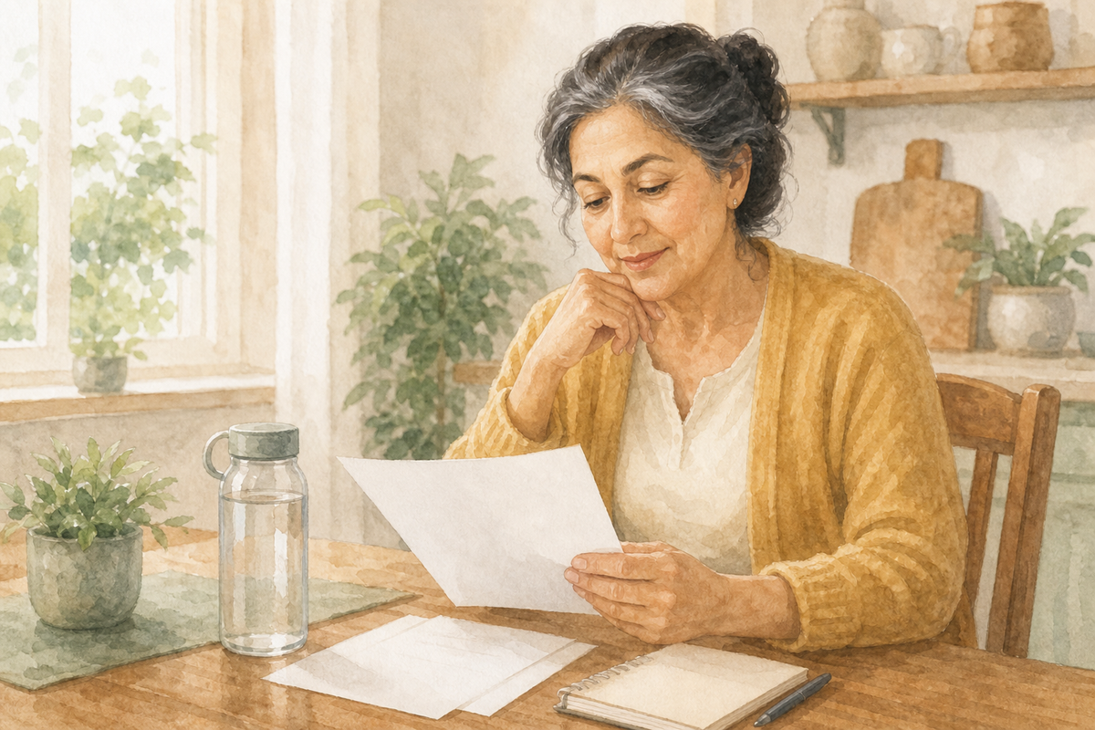 Watercolor illustration: older Middle Eastern woman alone reviewing blank safety notes at a kitchen table with a water bottle nearby.