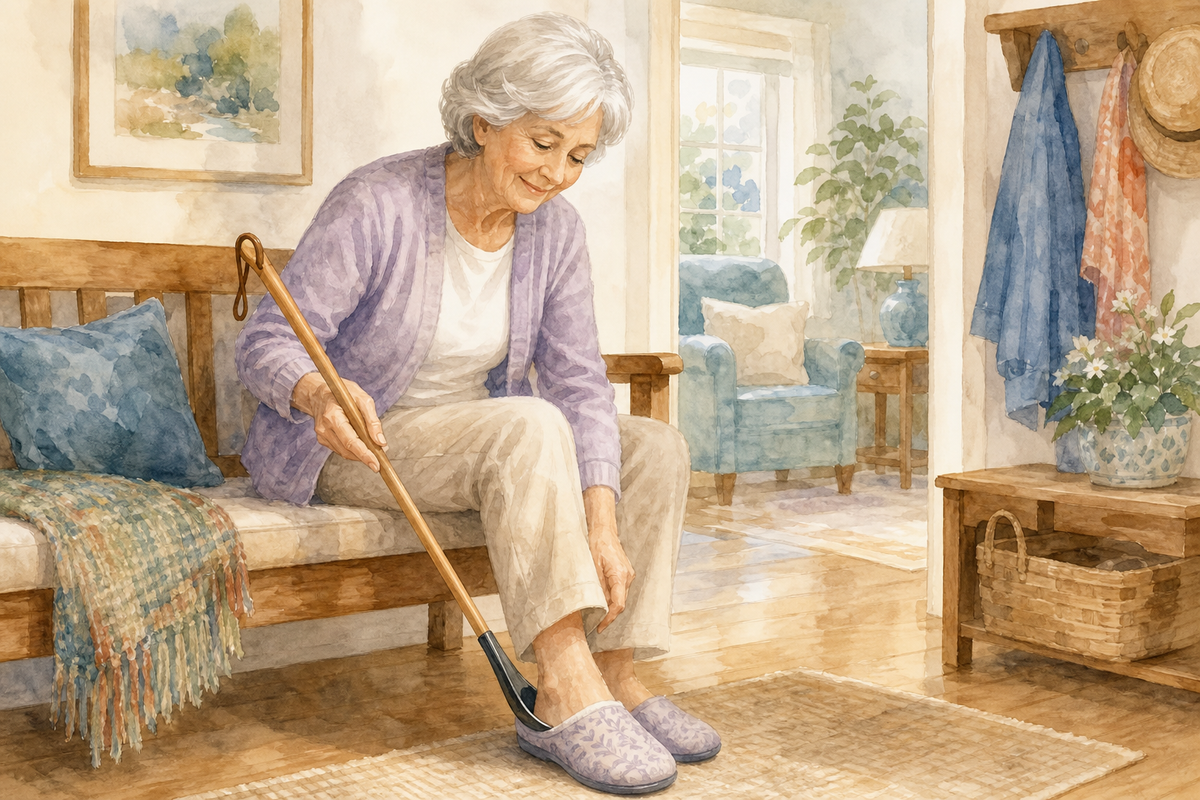 Watercolor illustration: older woman seated on a bench using a long-handled shoehorn to slip into house shoes indoors.