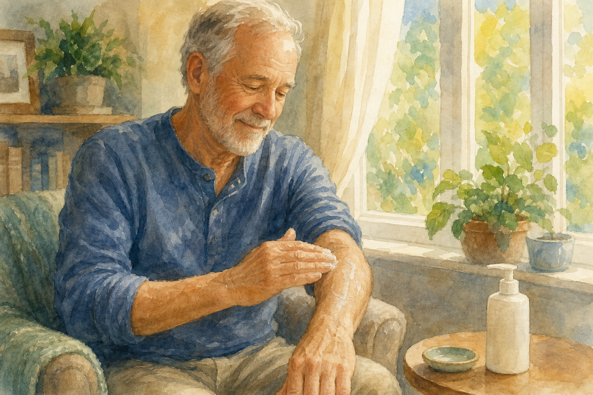 Watercolor illustration: older man applying fragrance-free lotion to his forearm while seated beside a sunny window.