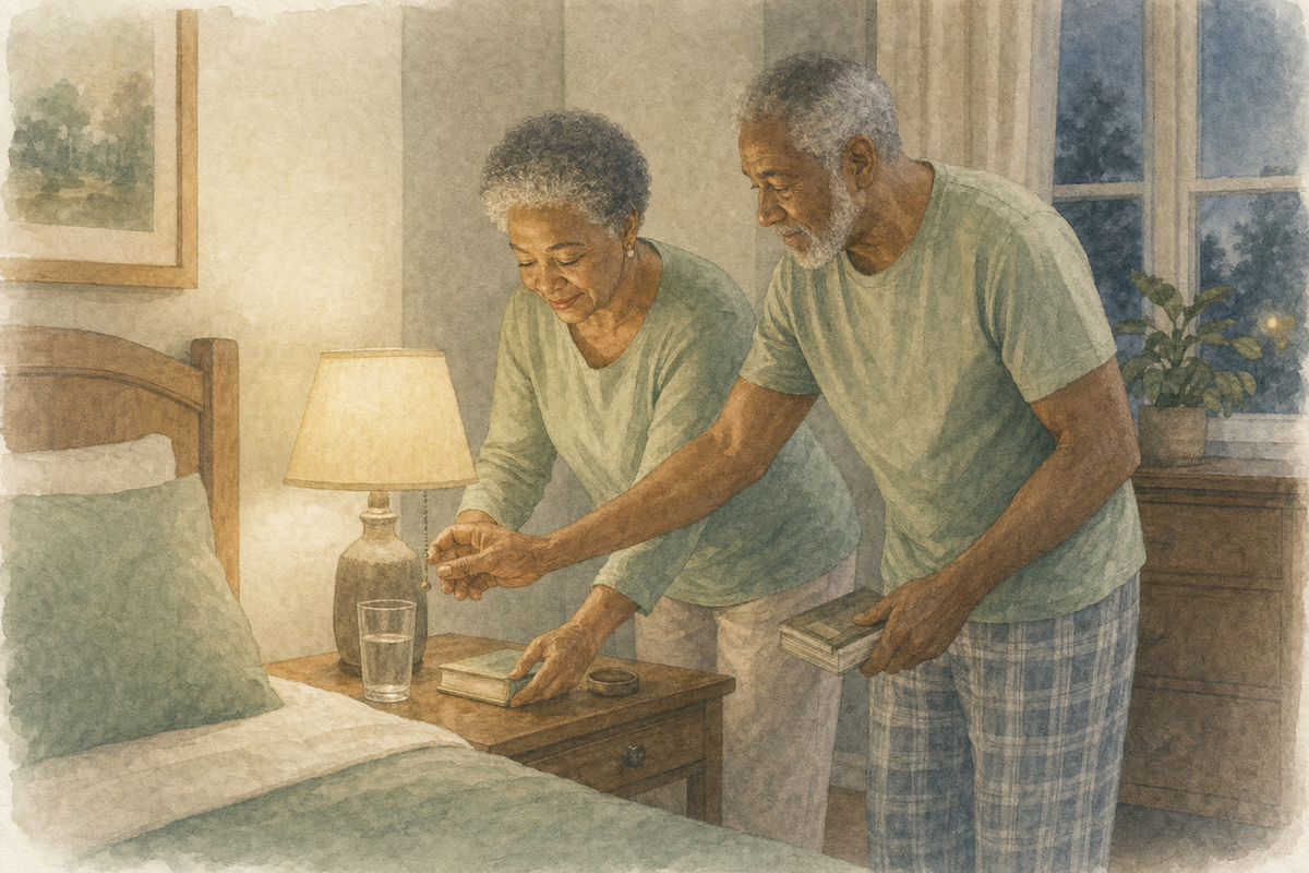 Watercolor illustration: older Black couple dimming a bedside lamp and clearing a nightstand in a calm bedroom.