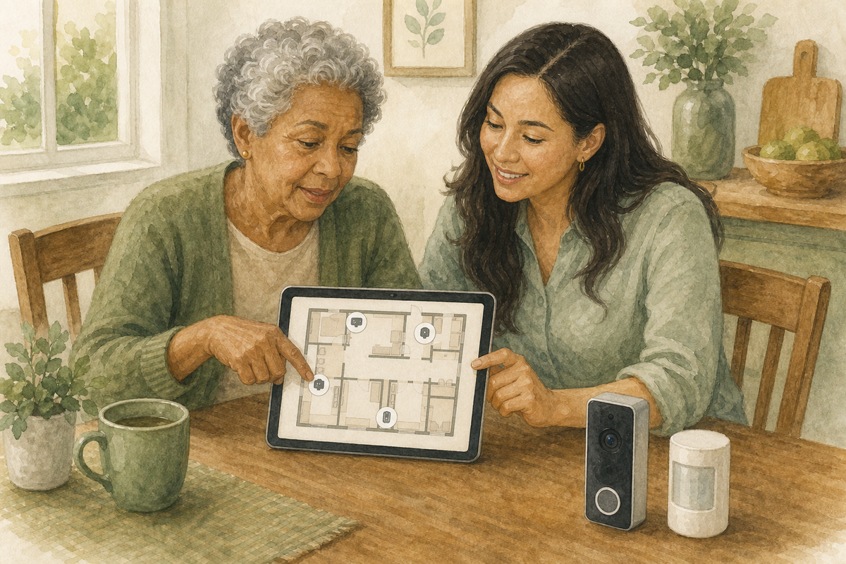 Older adult and another adult at a kitchen table reviewing a tablet with a simple home layout beside a small camera box.