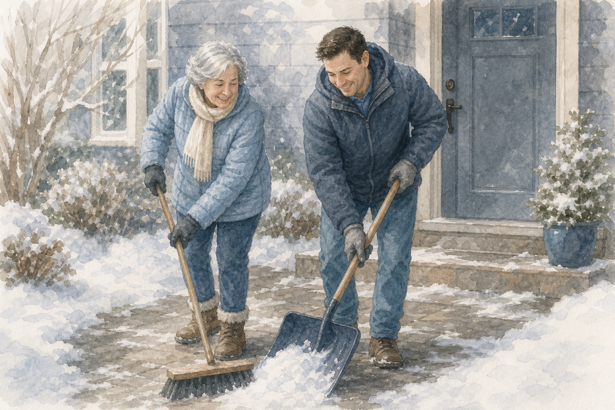 Watercolor illustration: older white woman and her adult son clearing a lightly snowy walkway to the front door.
