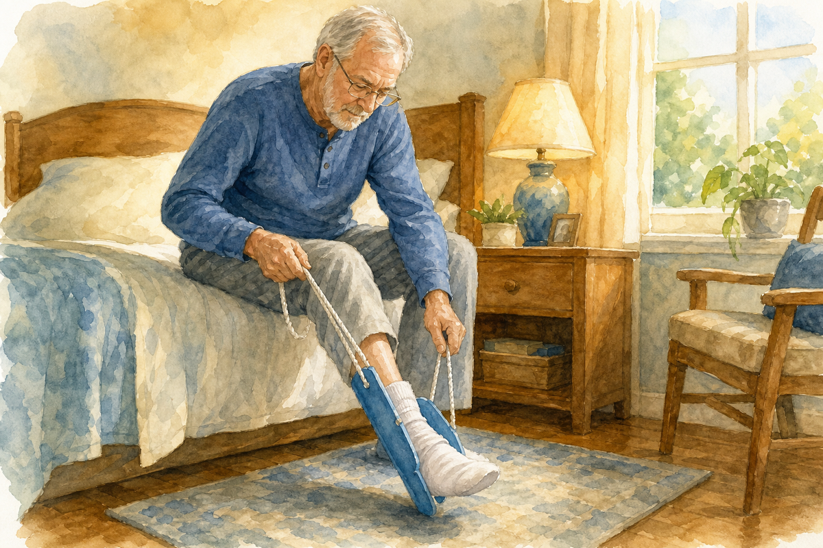 Watercolor illustration: older man seated on a bed using a rigid sock aid to pull on a crew sock before standing.