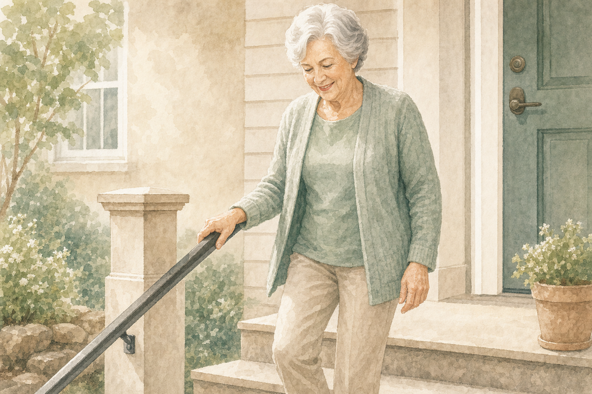 Watercolor illustration: older white woman alone gripping an exterior stair railing.