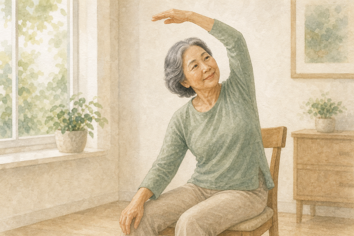 Watercolor illustration: older East Asian woman alone doing a gentle seated side stretch with calm posture.