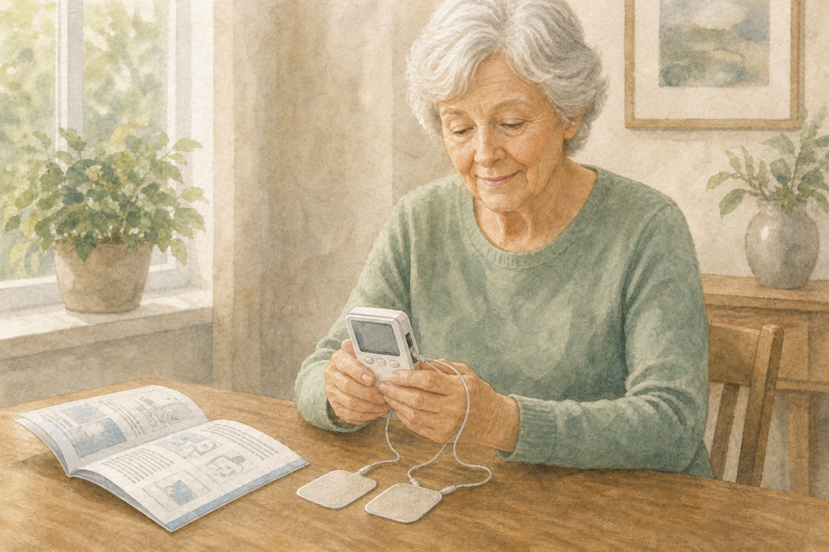 Watercolor illustration: older white woman alone reviewing a small TENS unit and electrode pads on a table with the manual open.