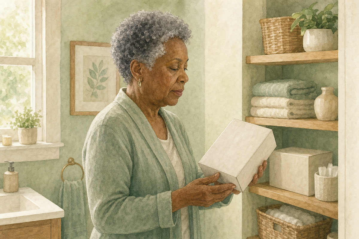 Toileting &amp; Continence — Home Care Compass hero illustration for families; warm editorial style; no text in the image.