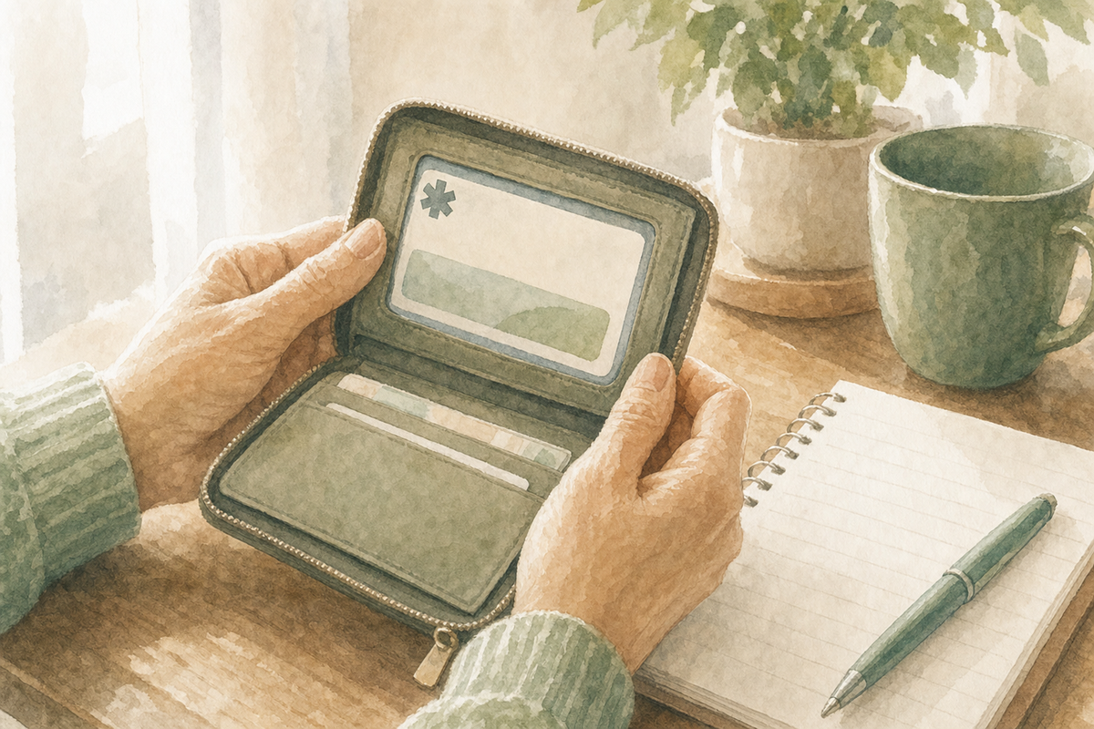 Close-up of hands holding a wallet medical ID card beside a blank notepad on a desk.