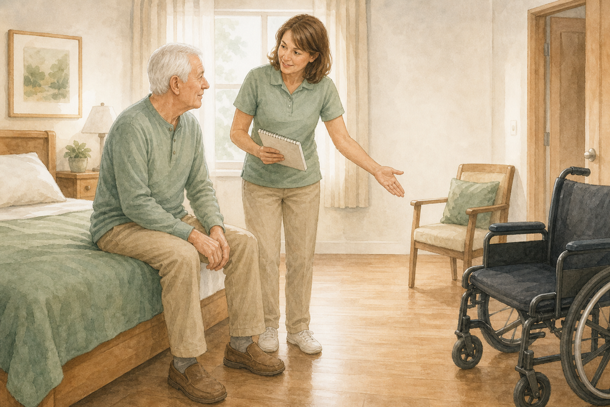Watercolor illustration of an older man seated at the edge of a bed while a caregiver reviews a clear path to a nearby wheelchair.