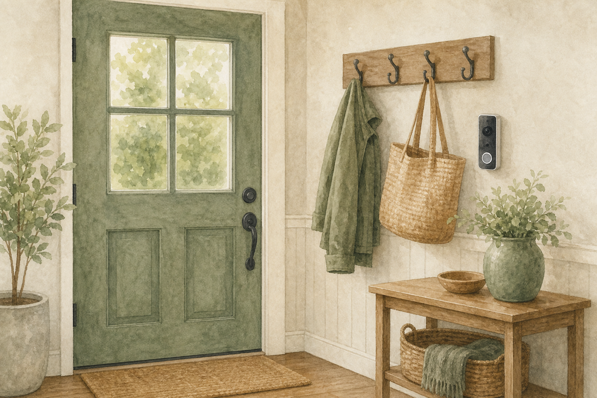 Interior front door view with a video doorbell unit mounted beside entryway coat hooks.