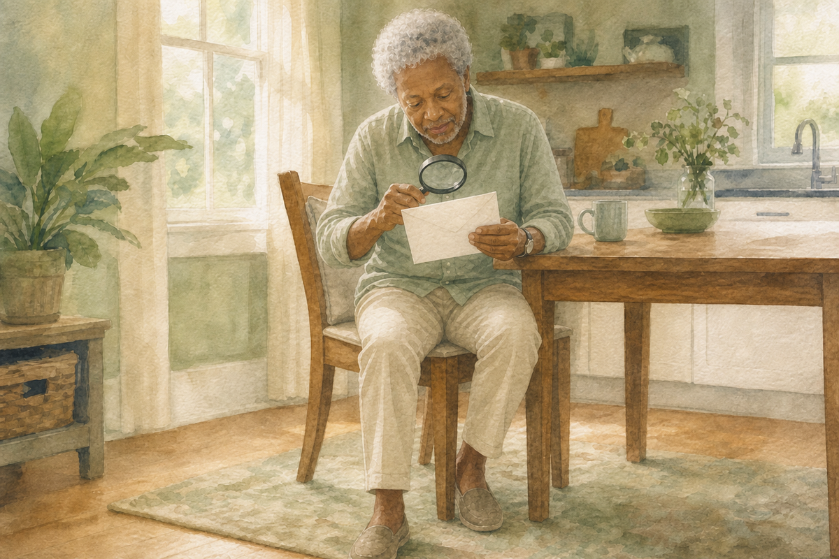 Older adult seated at a table using a handheld magnifier to read mail.