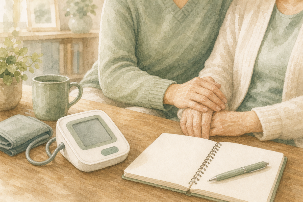 Close-up of hands resting near a home blood pressure monitor and an open notebook on a table.