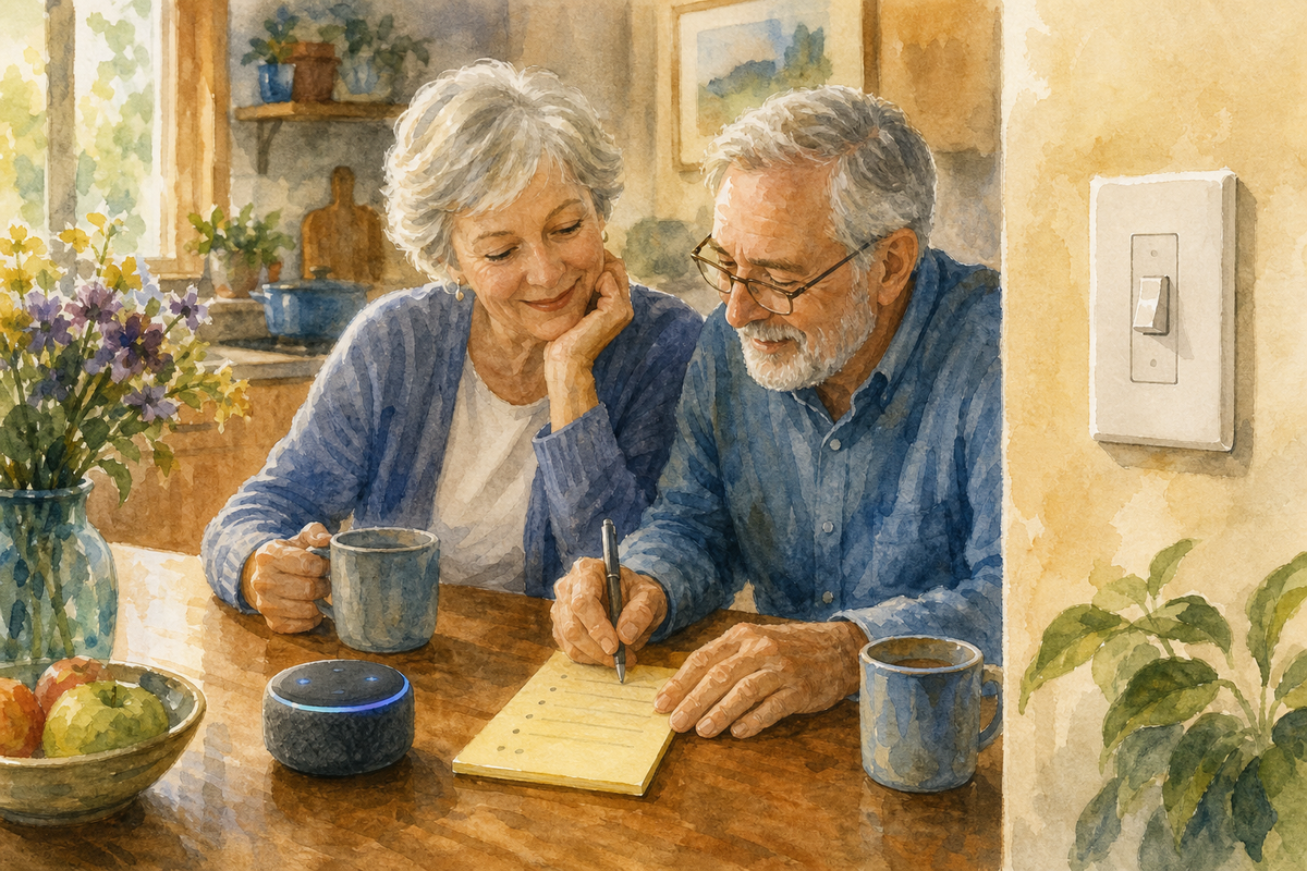 Watercolor illustration: older couple at a kitchen table with a small smart speaker, written reminder list, and a wall switch within reach.