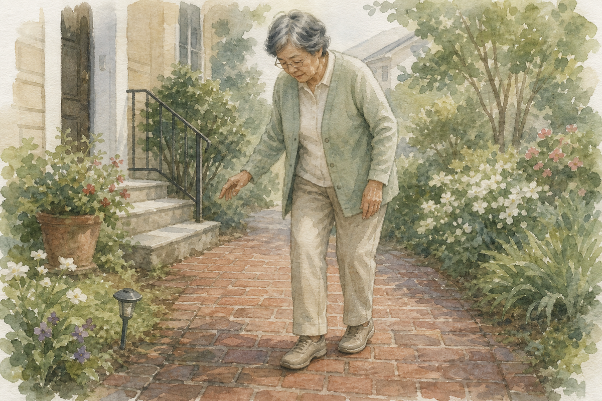 Watercolor illustration: older East Asian woman alone walking carefully on a brick path.