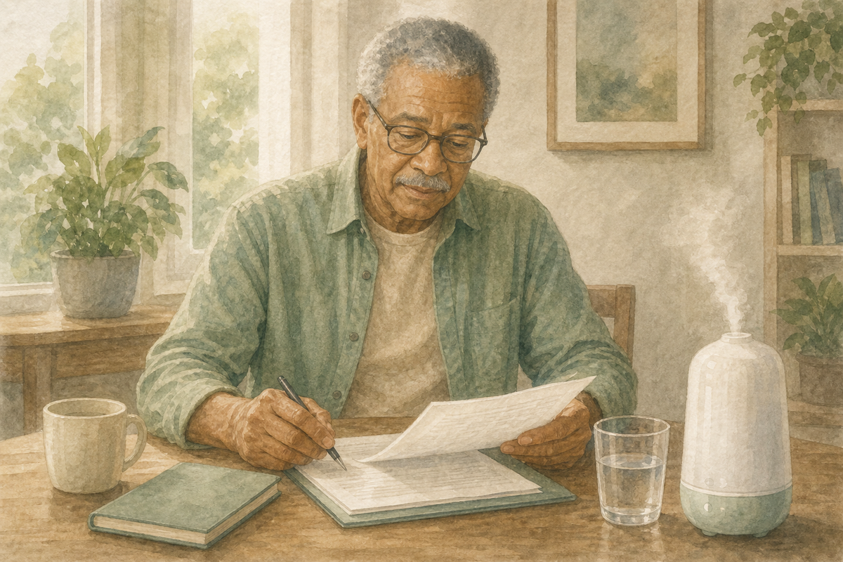 Wellness &amp; Recovery FAQ: Home Care Compass hero illustration for families; warm editorial style; no text in the image.