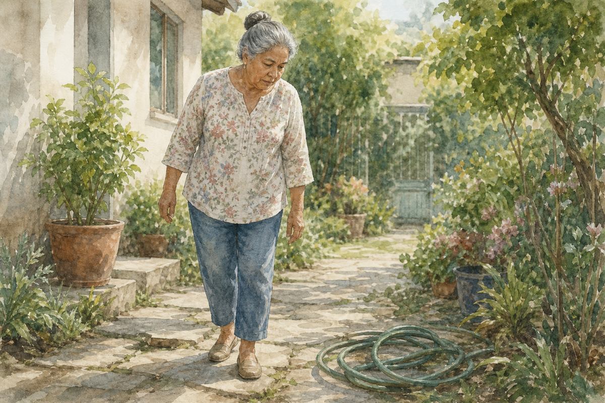 Watercolor illustration: older Latino woman alone scanning a yard path for trip hazards.