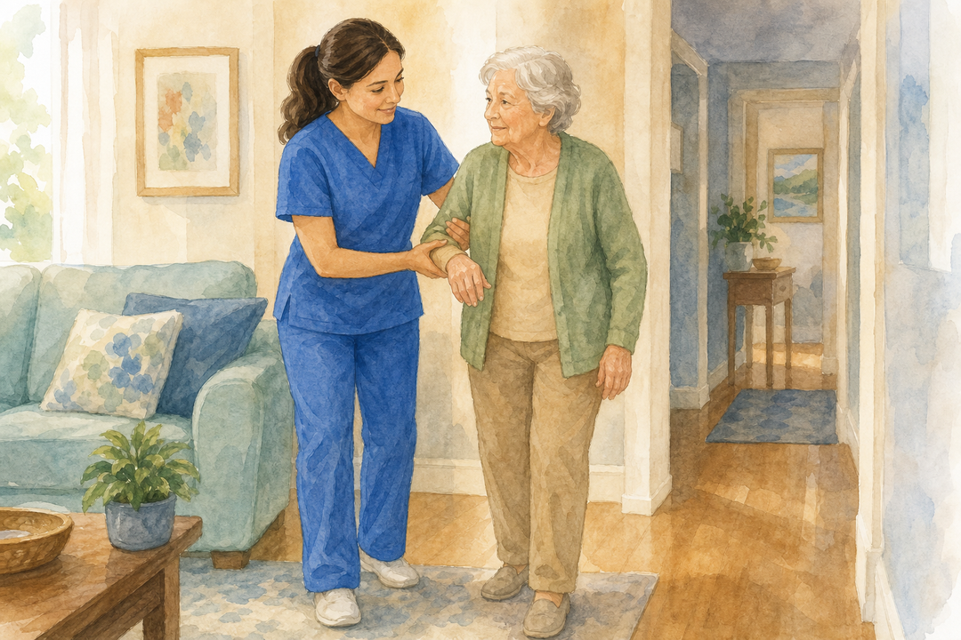 Illustration: female nurse in blue scrubs helping an older adult at home; watercolor style; no white coat or lab jacket; no text in the image.