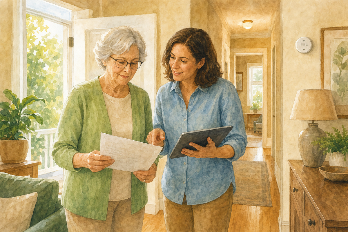 Older adult and family member reviewing a home safety checklist during a walk-through of a well-lit living space.